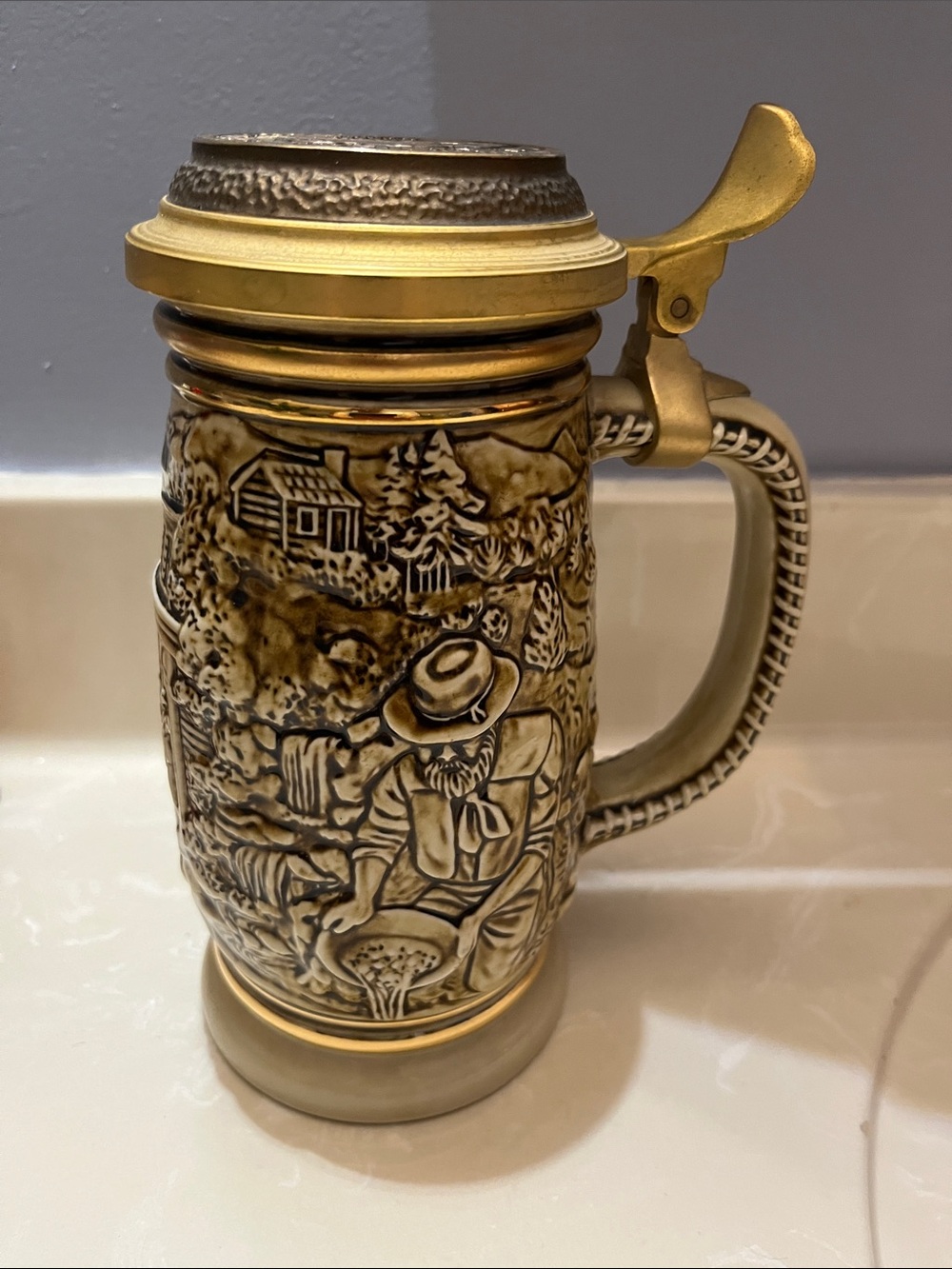 Avon “The Gold Rush” Ceramic Beer Stein with Gold Accents